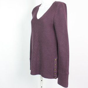 purple v-neck pullover tunic sweater cable closed side button accents